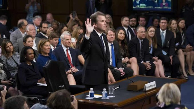 Kavanaugh being sworn in during hearings